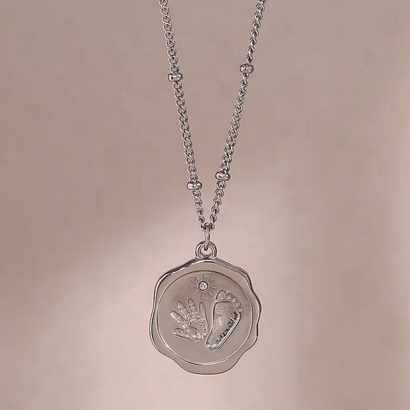 Silver Baby Hand Foot Print Zircon Pendant Necklace 18K Stainless Steel - Picture 3 of 7